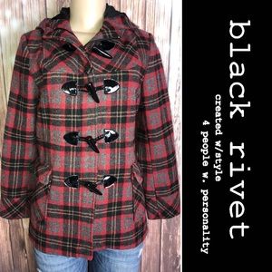 Black Rivet 42% Wool Plaid Pea Coat